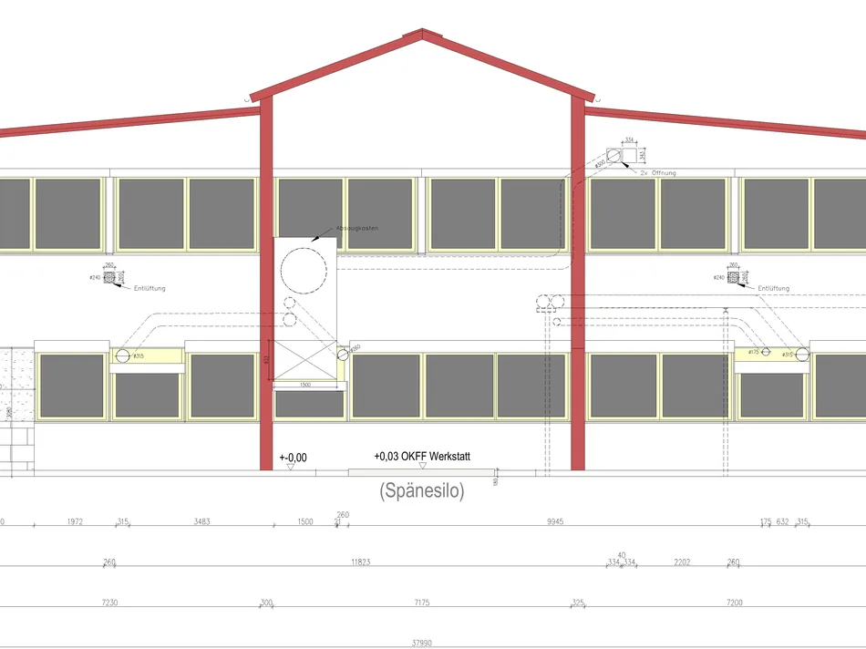 Ausschnitt der aufgemessenen Westfassade einer Halle mit Fenstern, Tragwerk und Leitungen